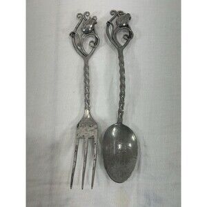 Vintage Pewter Salad Fork & Spoon Server Set Hand Forged with Tulips